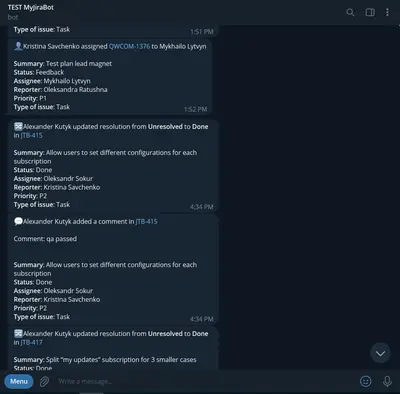 Telegram notifications for Jira by Redwerk for Atlassian — screenshot
