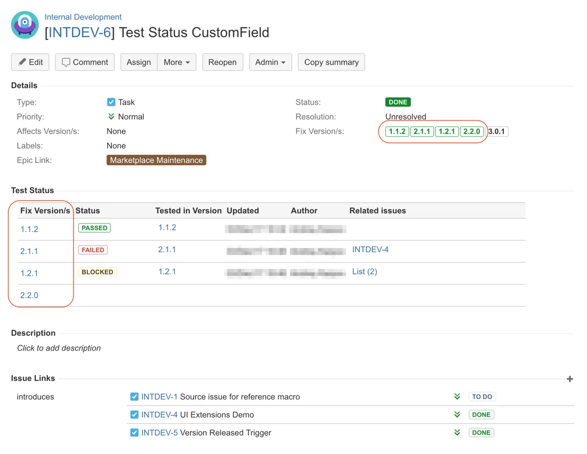 Test Status CustomField — screenshot from the Atlassian Marketplace listing