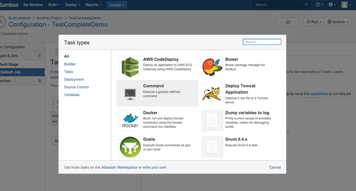 TestComplete for Bamboo — screenshot from the Atlassian Marketplace listing