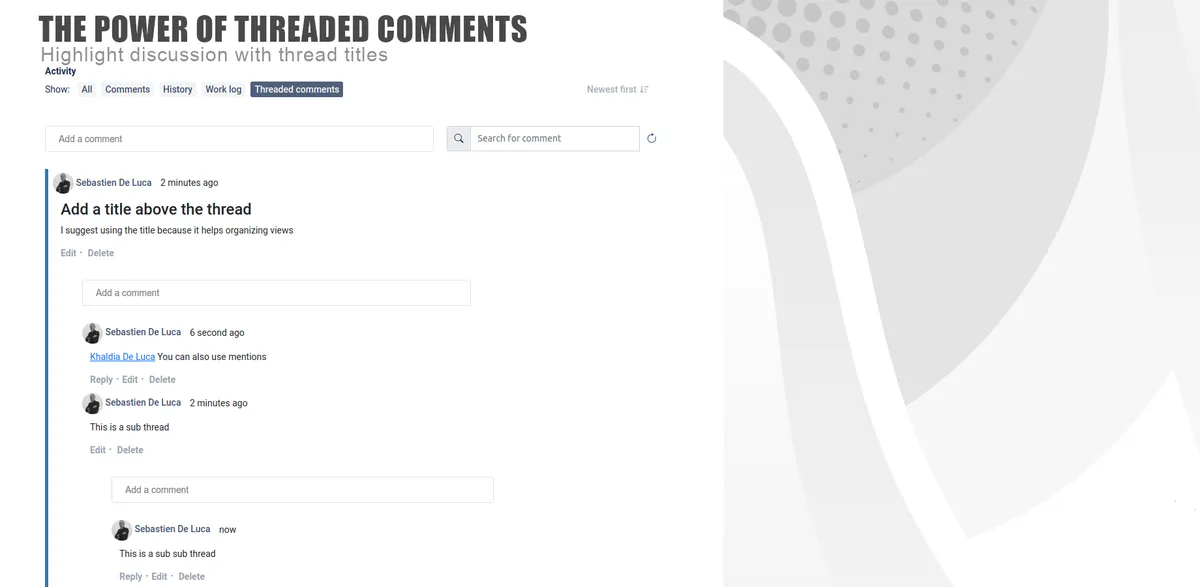 Threaded Comments — screenshot from the Atlassian Marketplace listing