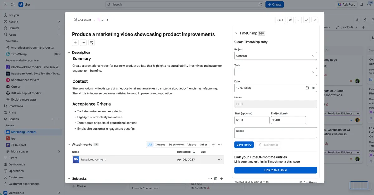 TimeChimp Time Tracking — screenshot from the Atlassian Marketplace listing
