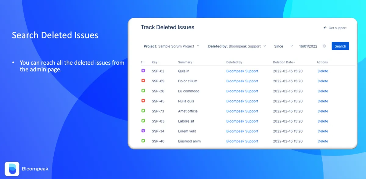 Track Deleted Issues — screenshot from the Atlassian Marketplace listing