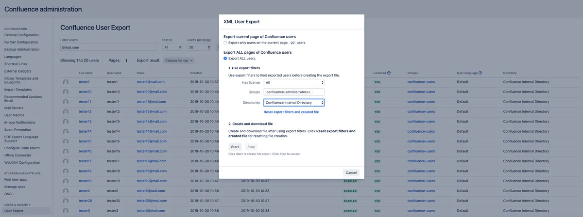 User Export for Confluence — screenshot from the Atlassian Marketplace listing