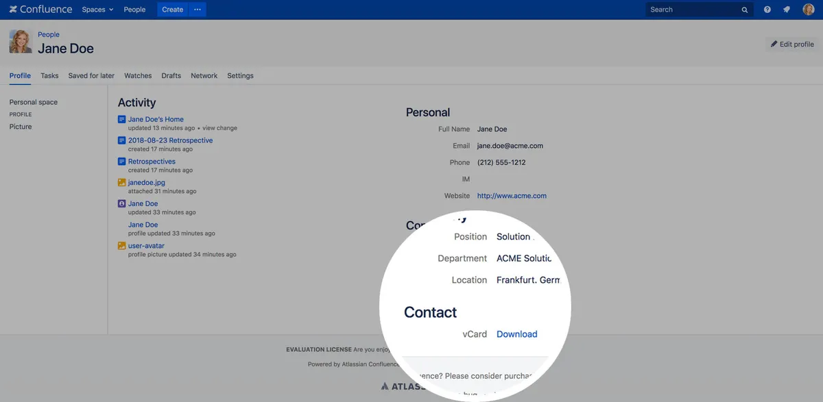vCard for User Profile — screenshot from the Atlassian Marketplace listing