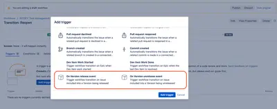 Version Released Workflow Trigger for Atlassian — screenshot