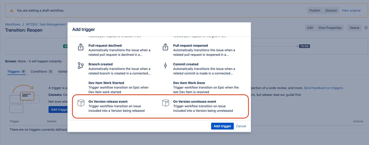 Version Released Workflow Trigger — screenshot from the Atlassian Marketplace listing