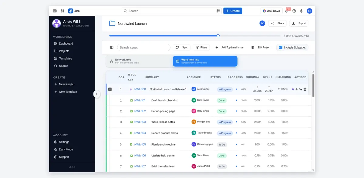 WBS - Work Breakdown Structure — screenshot from the Atlassian Marketplace listing