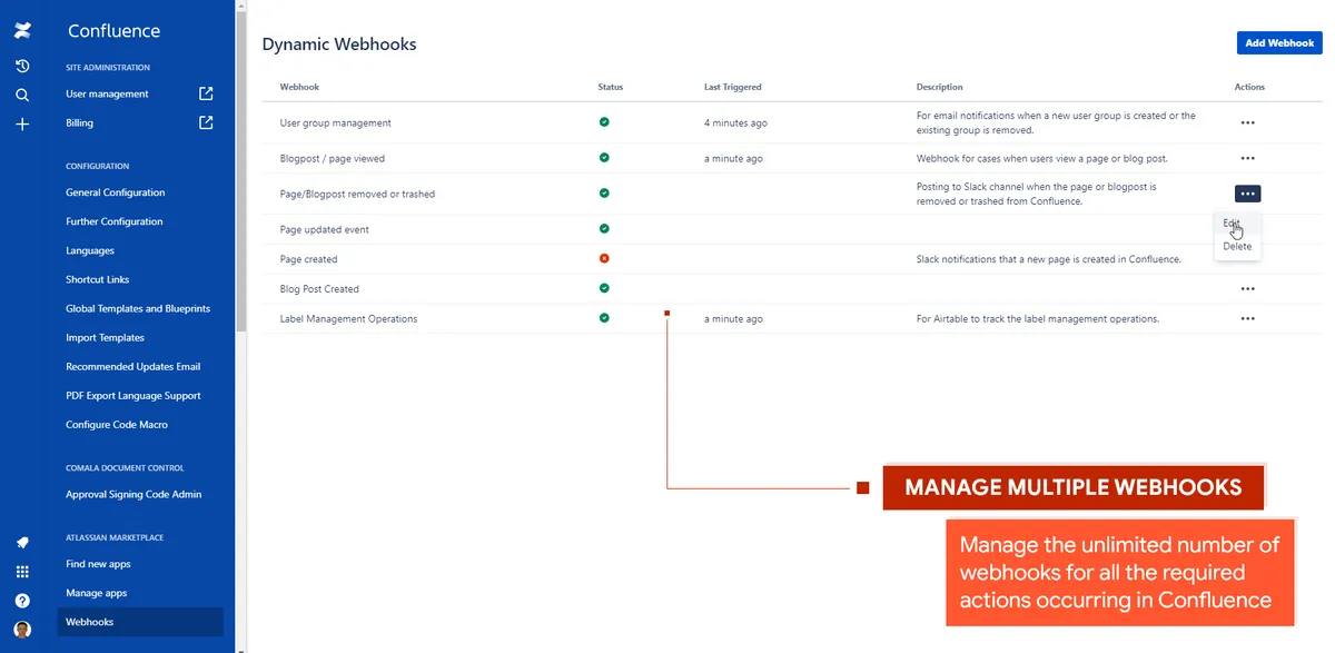 Webhook Manager for Confluence Cloud — screenshot from the Atlassian Marketplace listing