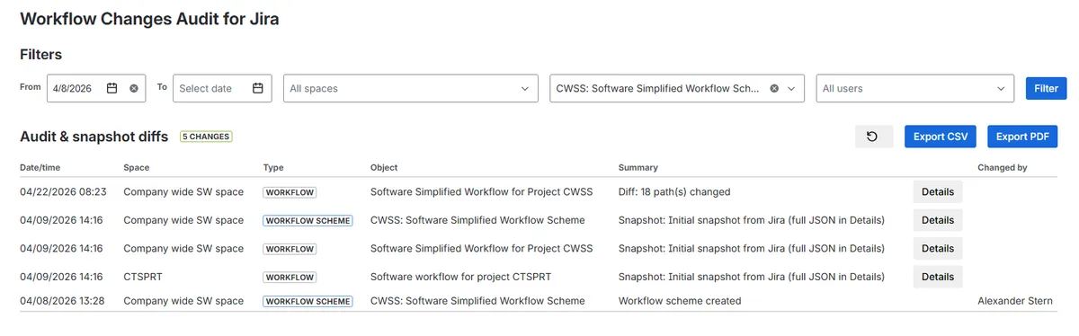 Workflow Changes Audit for Jira — screenshot from the Atlassian Marketplace listing