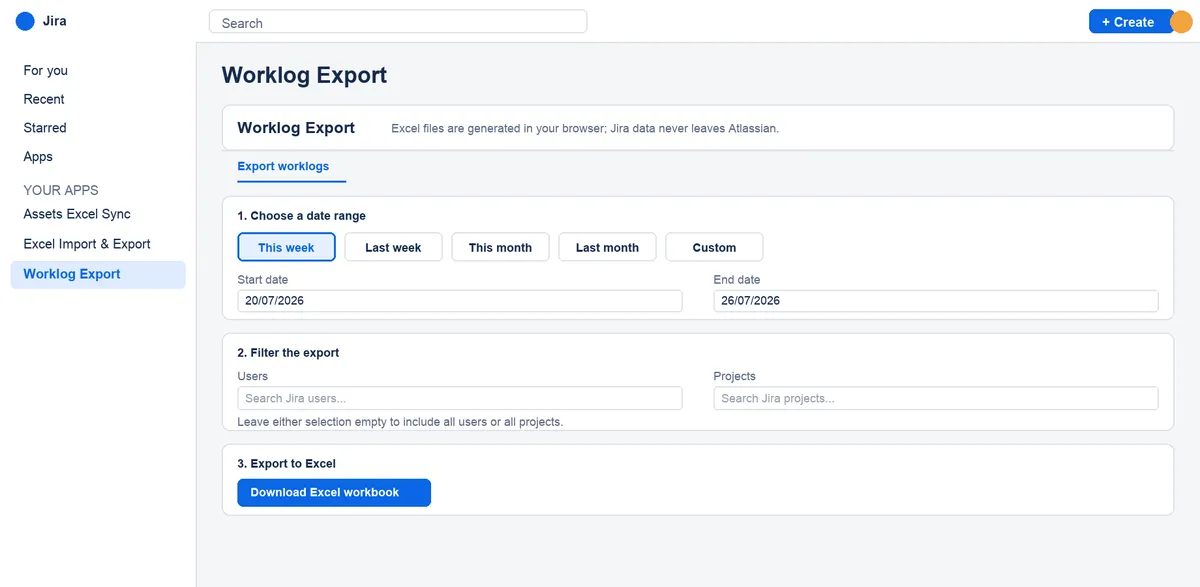 Worklog Export for Jira — screenshot from the Atlassian Marketplace listing