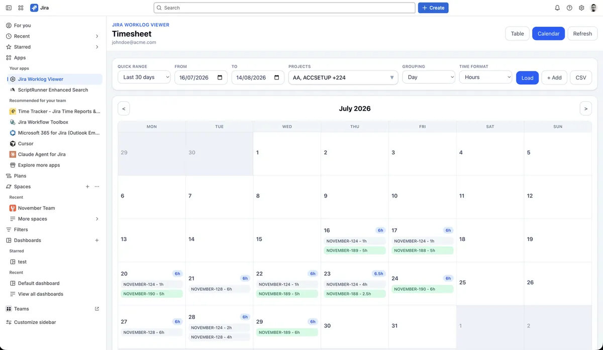 Worklog Viewer — screenshot from the Atlassian Marketplace listing