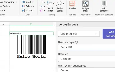 ActiveBarcode for Excel for Microsoft 365 — screenshot