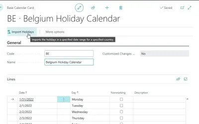 Base Calendar Holidays for Microsoft 365 — screenshot