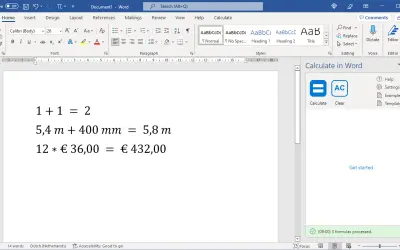 Calculate in Word subscription for Microsoft 365 — screenshot