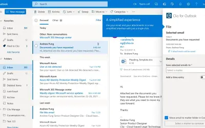 Clio's Outlook Add-in for Microsoft 365 — screenshot