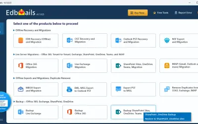 EdbMails for SharePoint, OneDrive, Teams Backup and Restore for Microsoft 365 — screenshot