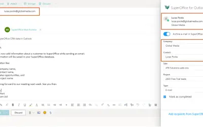SuperOffice for Outlook for Microsoft 365 — screenshot