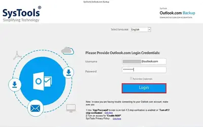 SysTools for Outlook.com Backup for Microsoft 365 — screenshot