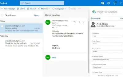 Vtiger for Outlook for Microsoft 365 — screenshot