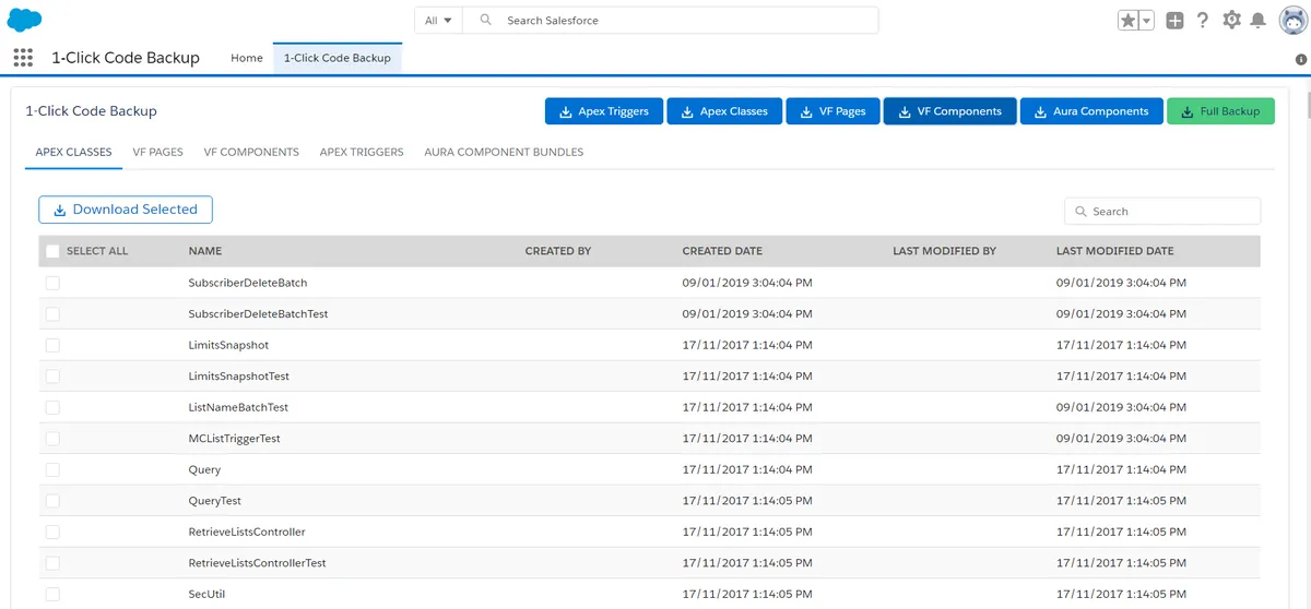 1-Click Code Backup by Wakencode — screenshot from the Salesforce AppExchange listing