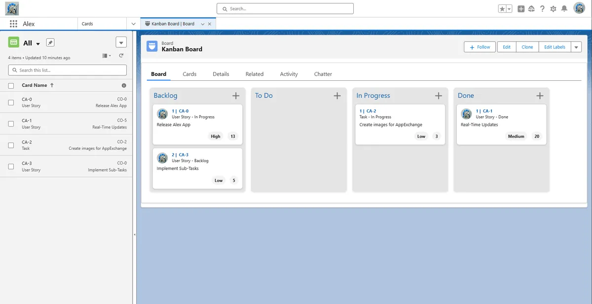 Alex - A Kanban App — screenshot from the Salesforce AppExchange listing