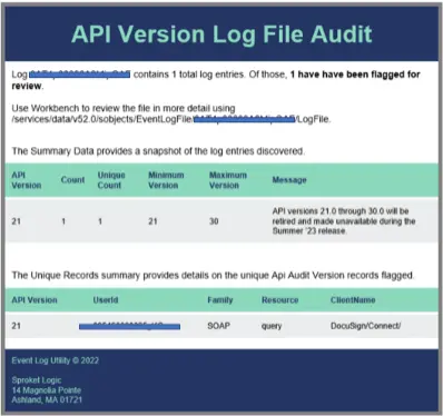 API Version Log File Audit for Salesforce — screenshot