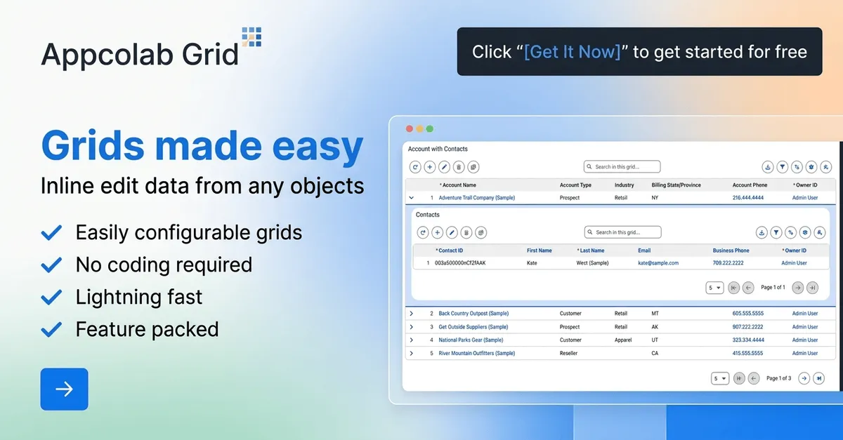 AppColab Grid — screenshot from the Salesforce AppExchange listing