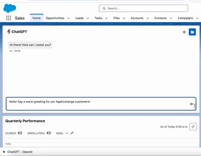 ChatGPT AI Assistant: Lightning Web Component chat integrated with OpenAI models for Salesforce — screenshot