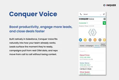Conquer: Voice Call, CTI Telephony, AI Voicebot, SMS, WhatsApp & AI Dialer for Salesforce — screenshot