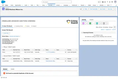 CrimeGuard KYC Due Dilligence & Advanced Screening (230+ Global Sources) for Salesforce — screenshot