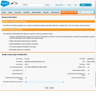 CSI Watch List Checking for Salesforce — screenshot