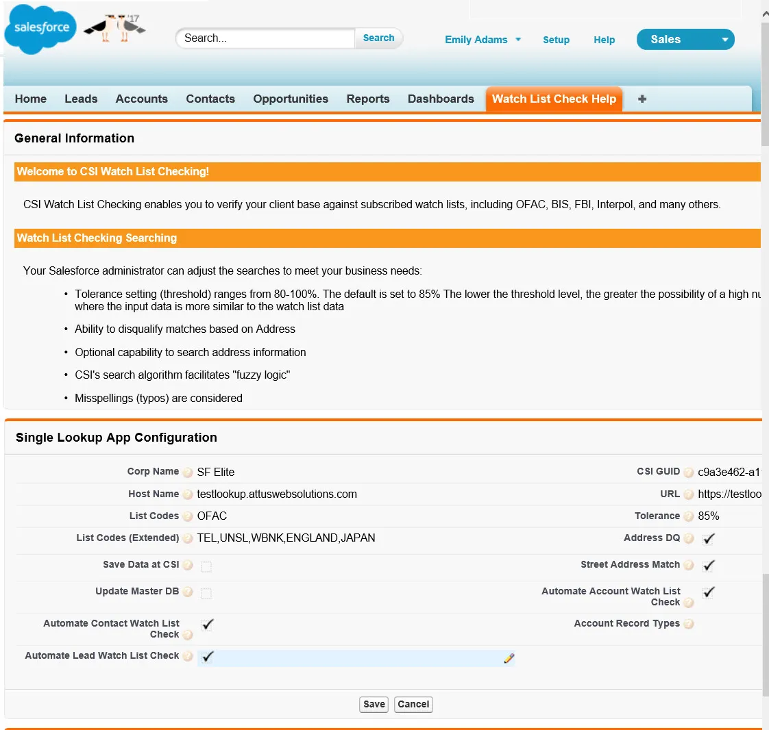 CSI Watch List Checking — screenshot from the Salesforce AppExchange listing