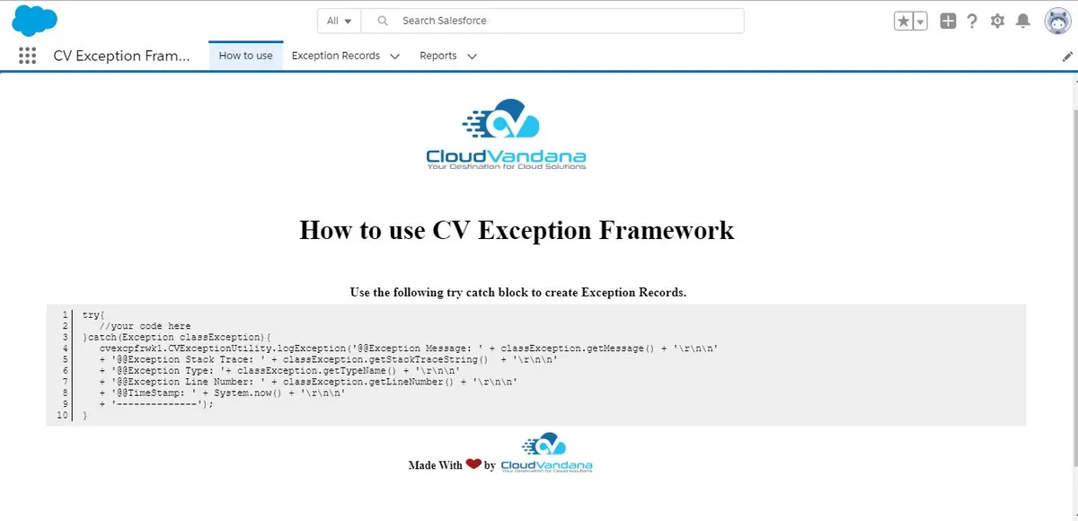 CV Exception Framework — screenshot from the Salesforce AppExchange listing