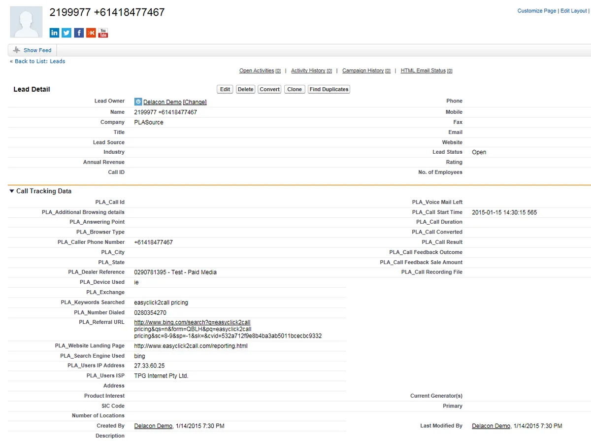 Delacon Call Tracking Solution — screenshot from the Salesforce AppExchange listing