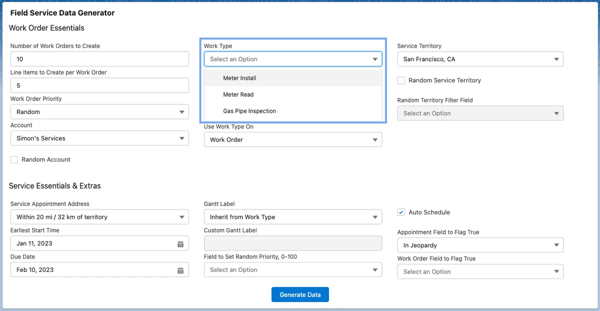 Field Service Data Generator — screenshot from the Salesforce AppExchange listing