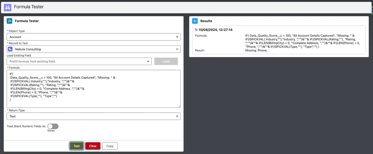 Formula Tester — screenshot from the Salesforce AppExchange listing