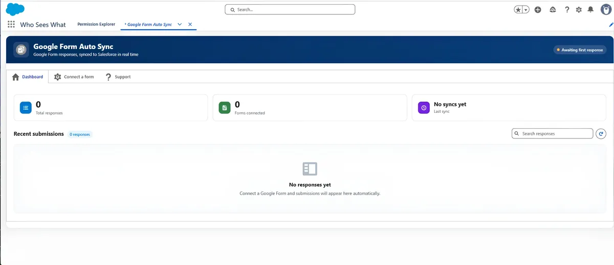 Google Form Auto Sync — screenshot from the Salesforce AppExchange listing