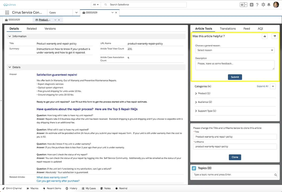 Lightning Knowledge Feedback — screenshot from the Salesforce AppExchange listing