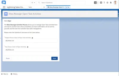Mass Reassign Open Task Activities for Salesforce — screenshot