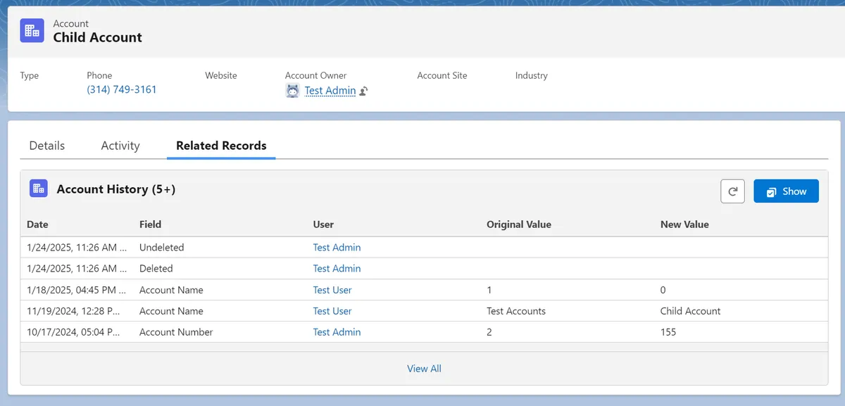 MEGA History — screenshot from the Salesforce AppExchange listing