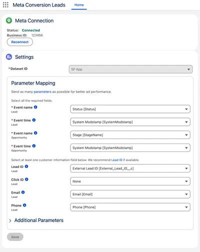Meta Conversion Leads Integration for Salesforce for Salesforce — screenshot