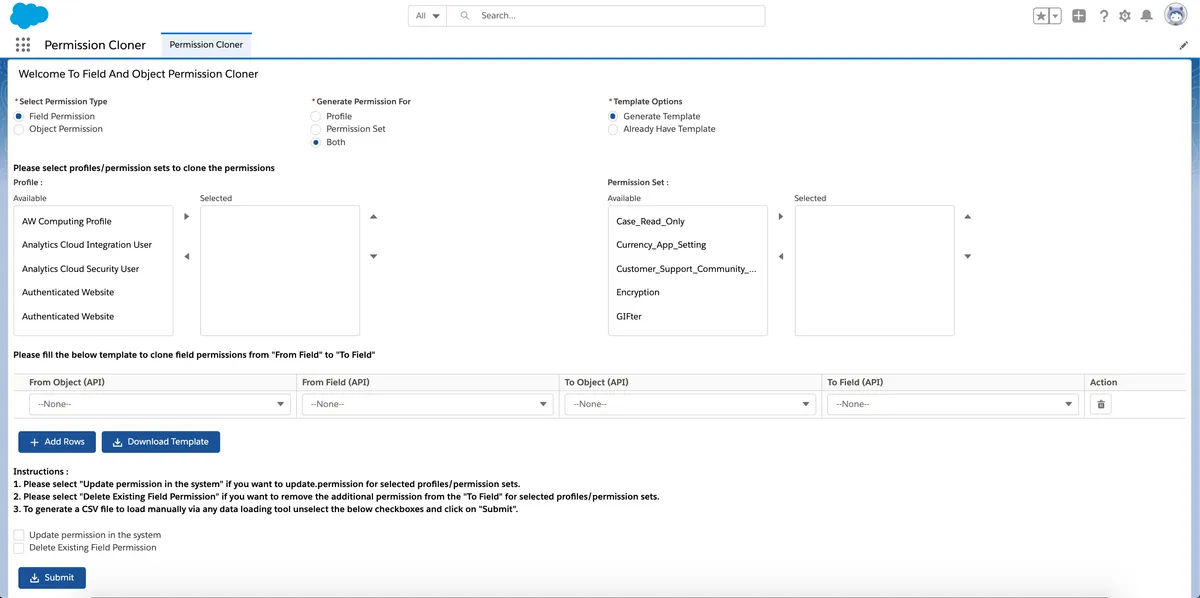 Permission Cloner — screenshot from the Salesforce AppExchange listing