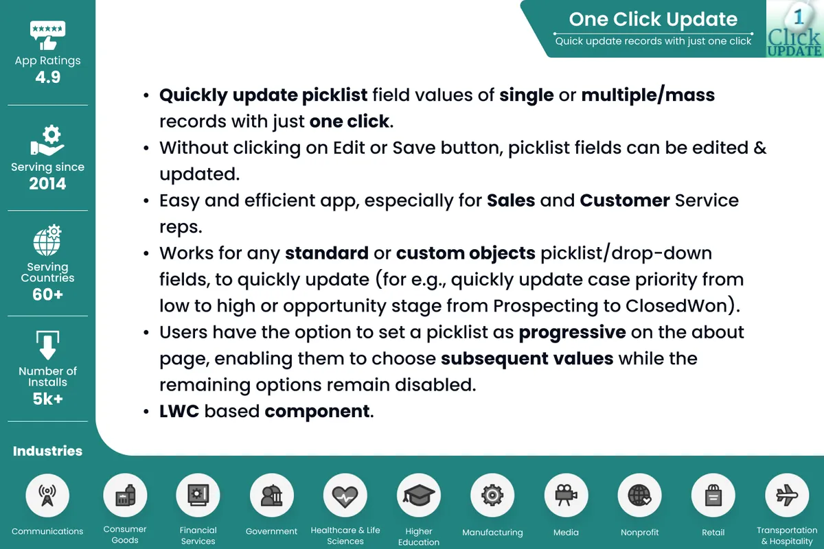Satrang One Click Update — screenshot from the Salesforce AppExchange listing