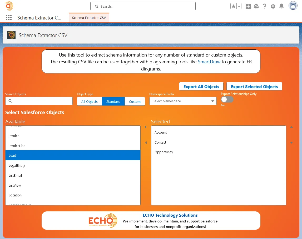 Schema Extractor CSV — screenshot from the Salesforce AppExchange listing