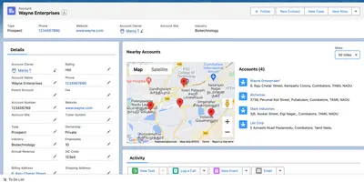 Search in Map to Find Records, Check in, Near by Accounts for Salesforce — screenshot