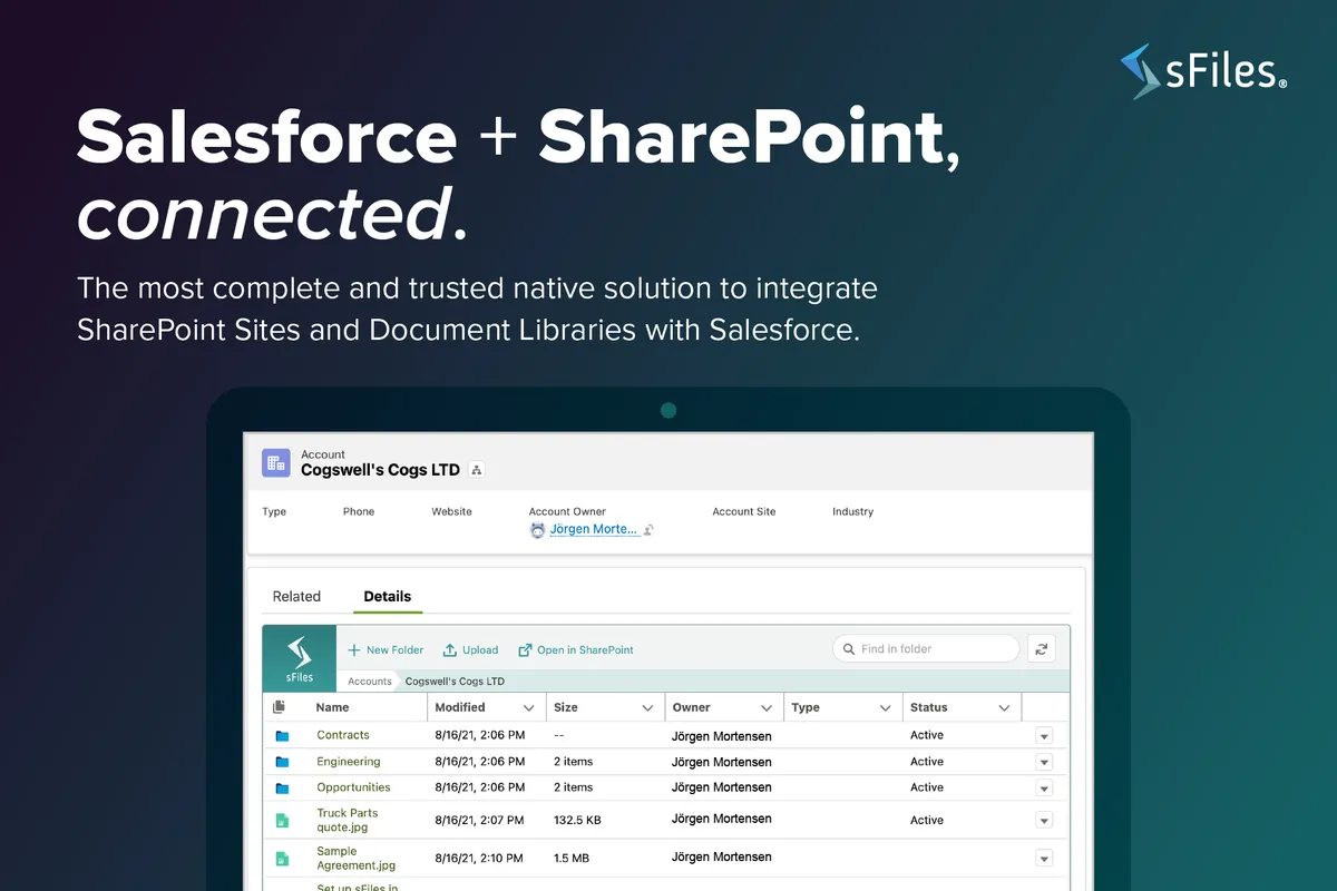 sFiles | Connect to SharePoint Online! (Integrate with Microsoft 365 and Teams) — screenshot from the Salesforce AppExchange listing