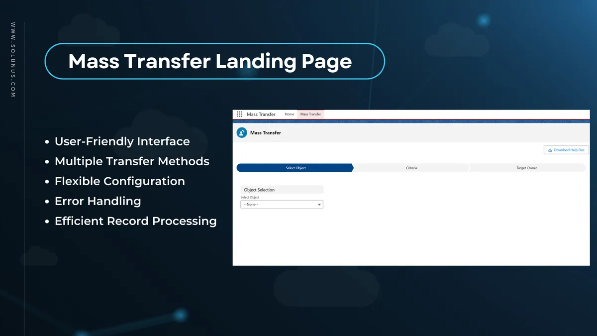 Solunus Mass Transfer — screenshot from the Salesforce AppExchange listing