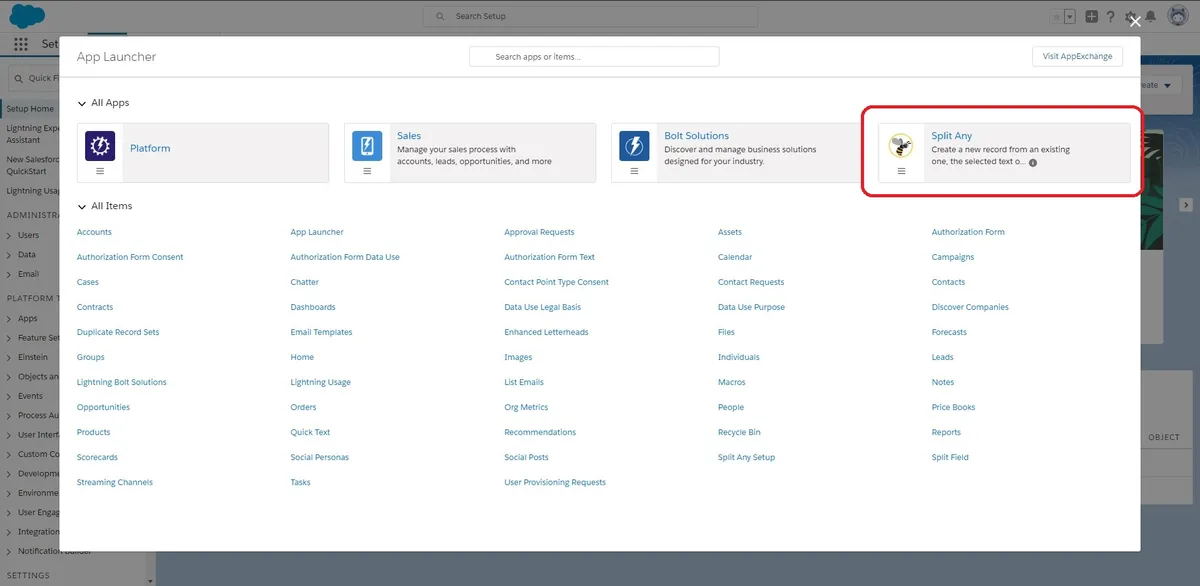 Split Any — screenshot from the Salesforce AppExchange listing