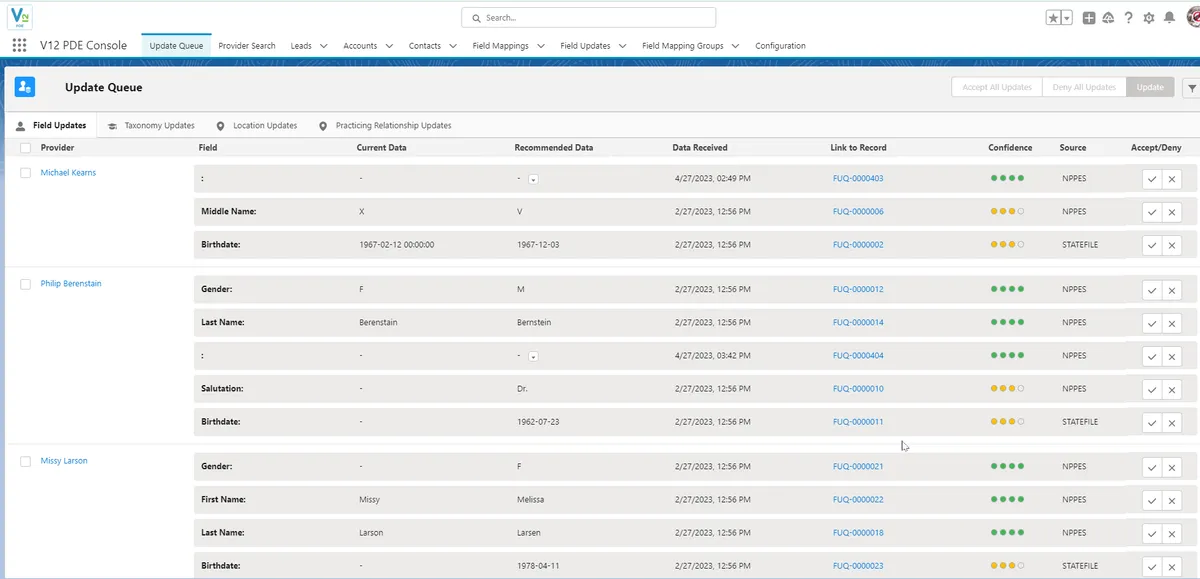 V12 PDE (Provider Data Engine) — screenshot from the Salesforce AppExchange listing