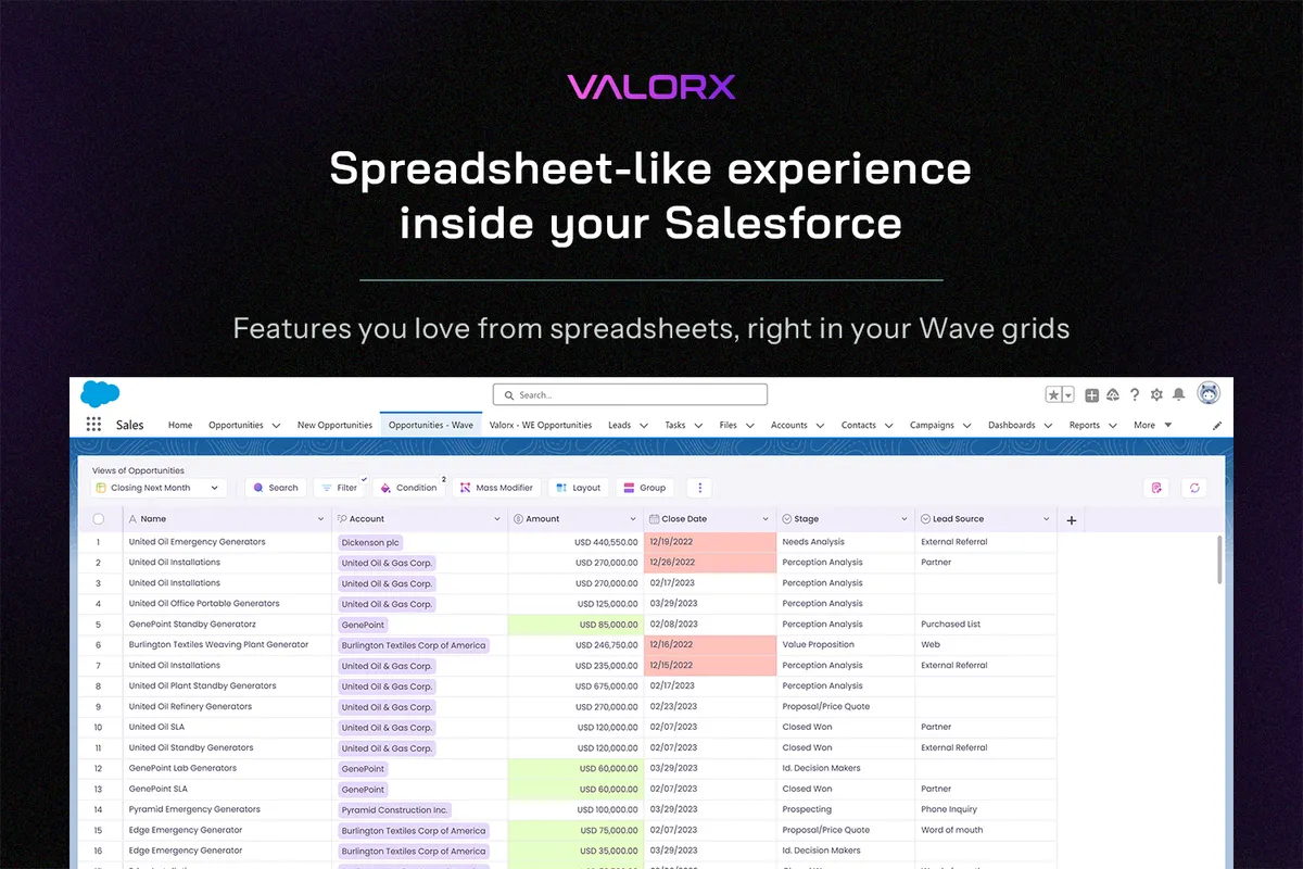 Valorx Wave - Grid Editing & Mass Updates - Spreadsheet Inline Editor — screenshot from the Salesforce AppExchange listing